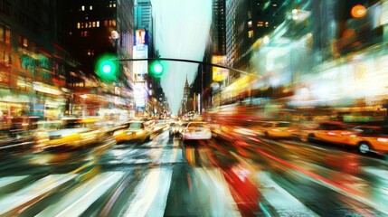 Poster - A view of a green traffic light on a busy street, with blurred motion from passing cars and soft lights creating a dynamic and energetic atmosphere