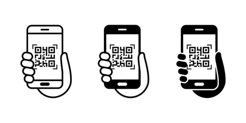 QR code scan icon. Mobile phone scanning QR code vector icon. Hand holding a phone with a scanner symbol. Vector illustration.