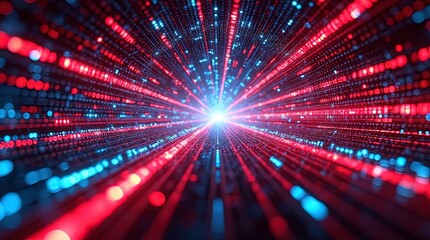 Hi-tech blue, red background with abstract data flow, matrix effects. Binary code, numbers. Coding software cyberspace tech cyber virtual connect system future futuristic global media