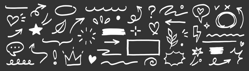 Poster - Hand marker line icon brush set. Chalk underline, arrow, frame and stroke in white on black chalkboard background. Bold modern sketch elements for business infographic or web design. Vector
