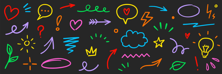 Aufkleber - Line marker hand color brush icon set. Arrow stroke sketch pencil underline drawn element colorful shape for text design. Hand drawn heart crown star symbol with playful doodle. Vector illustration