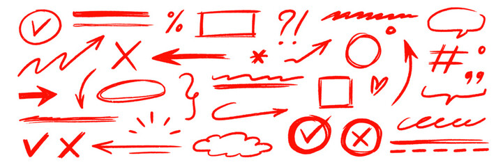 Aufkleber - Hand drawn line arrow chalk brush stroke red icon set. Red crayon underline, check mark, scribble shapes with rough texture. Hand style symbols, arrows, star and frame highlight. Vector illustration