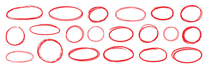 Poster - Hand drawn red pen highlight round oval frame set. Handwritten red marker, pencil scribble stroke line oval frame. Brush round frame highlight. Grunge scratch style set. Vector illustration
