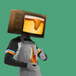 © Lustre Art Group  - Surreal collage. Man with TV screen head dressed like bartender holds beer bottle and shows thumbs up against green background, show joy and product placement. Concept of brewery culture, fun, party