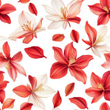 2d illustration of a tileable pattern of columbine and amaryllis petals isolated on a white transparent background