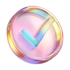 Poster - A captivating and eye catching 3D checkmark icon rendered in vibrant pastel colors floating on a glossy round button with a soft ethereal glow and lighting