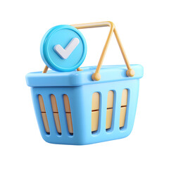 Aufkleber - Minimalist 3D render of a blue shopping basket or cart with a checkmark icon representing purchase confirmation or customer satisfaction