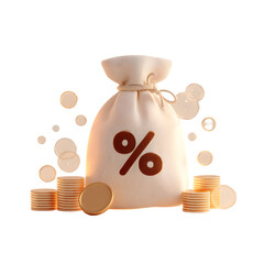 Poster - Stylized 3D rendering of a soft beige money bag with a percentage symbol and a stack of golden coins against a plain warm toned background
