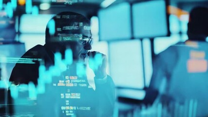 Wall Mural - Tech Analysts at Work: A dramatic image capturing the intense focus of a tech analyst, immersed in analyzing data, surrounded by a digital world of code and information