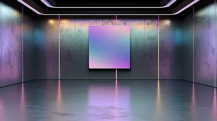 Aufkleber - Futuristic gallery room with smooth glossy black walls, neon lights, and colorful abstract square artwork creates modern, dreamy atmosphere