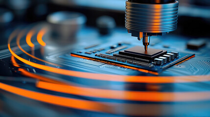 Poster - Microchip circuit technology electronic manufacturing closeup machine futuristic blue orange Microchip circuit technology electronic manufacturing
