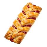 Delicious braided puff pastry on a white background, top view. Fresh phyllo pastry filled with jam, close-up.