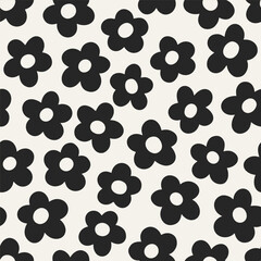 Fototapete - Daisies, floral pattern design. Seamless black and white background with cute flowers, petals, groovy trippy texture, print in modern style. Repeatable flat vector illustration for fabric, textile.