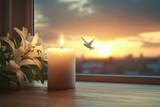 Peaceful candle memorial scene with white lilies and soft sunset light for funeral template use