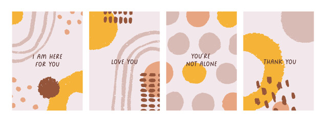 Fototapete - Doodle and scribble shapes on modern posters set. Abstract card designs, postcard backgrounds with inspiration phrased, blobs, spots, curves, creative patterns, splatter. Flat vector illustrations.