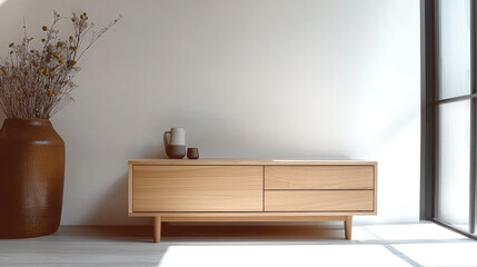 Poster - Minimalist wooden sideboard, modern living room, sunlight, large ceramic vase, dried flowers, calm and serene atmosphere