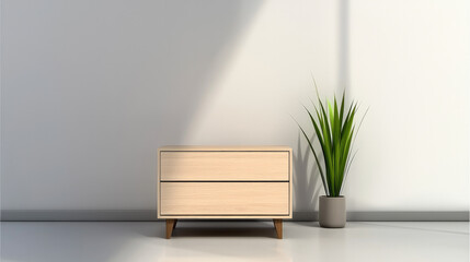 Poster - Modern minimalist nightstand with two drawers and wooden legs beside green potted plant in bright natural light