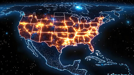 Aufkleber - North America at night glowing with city lights, illuminated map, vibrant energy, digital style, futuristic, space view