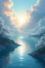 Wall Mural - dreamy artistic landscape incorporating subtly into clouds streams, crafted with serene tones