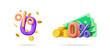 © absent84 - 3d vector zero percent sign with flying coins and cash money notes. Financial discount concept for loan, credit promotion.