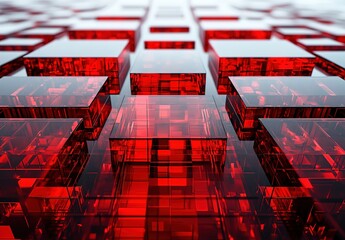 Wall Mural - Bold red 3D abstract background featuring intricate perspective tricks and depth-defying patterns 