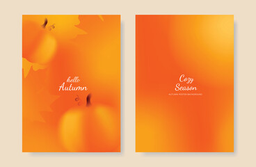 Wall Mural - abstract orange color gradient autumn card background set. minimalist poster with maple and pumpkin.