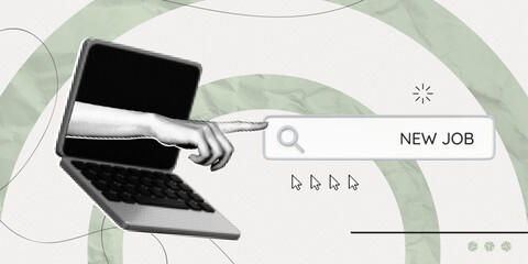 Trendy Halftone Collage Hand from computer monitor screen points to search bar. Online hiring job. Career training. Job vacancy open. Seo management. Contemporary vector illustration art