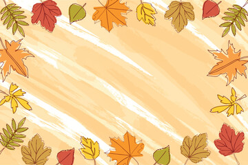 Wall Mural - Autumn frame with leaves of different trees. Sketch, doodle, design elements. Vector illustration of colorful leaves icons on watercolor background