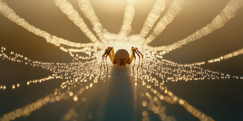 Spider on dewy web catches morning sun, creating a glistening, ethereal artwork in nature. Intricate beauty of the natural world is on display.