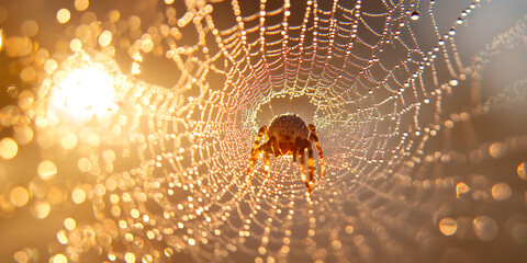 Spider on a dew-covered web catches the golden morning light. Nature's intricate designs sparkle with tiny water droplets.