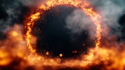 Wall Mural - Fiery ring with glowing sparks and smoke creates dramatic intense atmosphere with bright orange flames surrounding dark center evoking powerful energy and heat