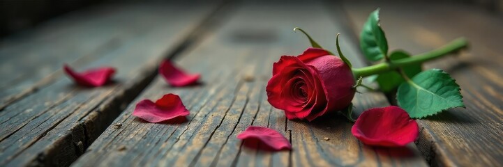 Wall Mural - A single wilting rose lies on aged, cracked wooden flooring, petals scattered around it, symbolizing the fragility and end of a passionate relationship , loneliness, end, romance