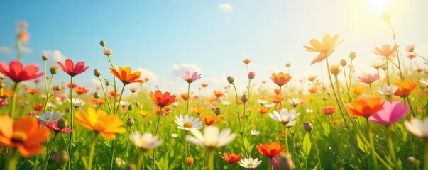 Wall Mural - A vibrant, sun-drenched field of wildflowers swaying gently in the breeze, a cheerful scene perfect for representing joy, optimism, and the beauty of nature , tranquil, bright