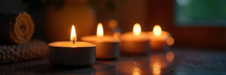 Wall Mural - Close-up of a burning candle, soft candlelight illuminating the surrounding darkness, creating a warm and inviting atmosphere Perfect for relaxation, spa, meditation, or romantic themes , wax, white