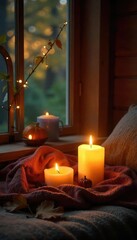 Wall Mural - cozy autumn evening scene featuring flickering candlelight illuminating a warm, inviting space perfe