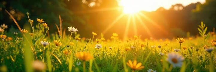 Wall Mural - Golden hour sunlight bathes a vibrant summer landscape, illuminating wildflowers and lush green grass Perfect for travel, vacation, and summer-themed projects , cloudless, sun