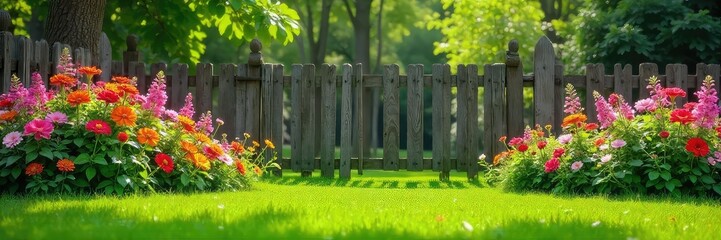 Wall Mural - Lush green lawn with vibrant blooming flowers and a rustic wooden fence in the background, perfect for spring or summer themed projects , wooden, grass