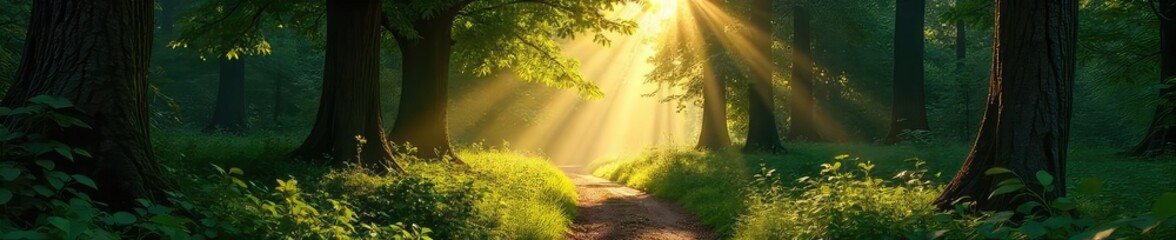 Sticker - Sun-dappled forest path winds through ancient trees, sunlight filtering through leaves, creating a magical atmosphere Discover the serenity of untouched wilderness , biodiversity, path, exploration