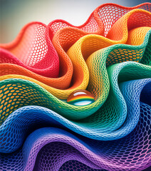 A macro photograph of a rainbow-colored mesh fabric with a honeycomb pattern .