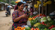 © Firdaus - Happy Woman Wearing Traditional Colorful Clothing Standing at Fresh Fruit Market Stall