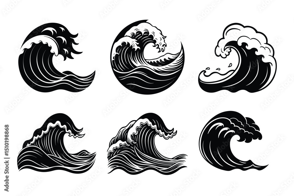 Stylized Black and White Ocean Wave Vector Illustrations Set Stock ...