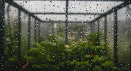 greenhouse with raindrops on glass during a rainy day