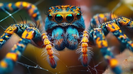 Vibrant jumping spider in its web. Close-up macro view showcasing intricate patterns and colors