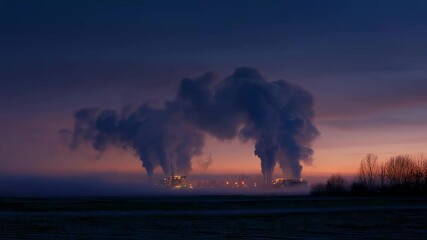 Wall Mural - billowing smoke rising from industrial facility smokestack, creating stark silhouette against twilig