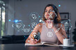 © VideoFlow - Smiling woman in casual wear taking notes in notebook at office workplace with coffee cup. Concept distant business education, information technology, dreaming, thinking. Health care medical drawings