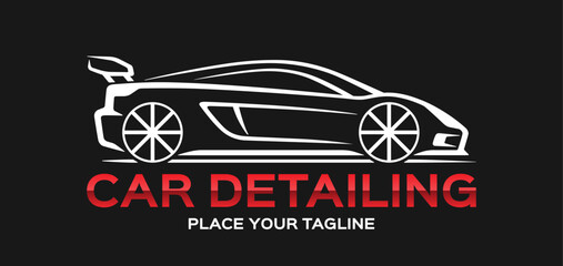 modern vector car logo for car detailing shop, auto service. sleek sports car silhouette on black ba