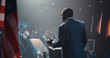 © Gorodenkoff - Political Speaker at a Government Election Rally. Black Male Candidate Waving to Supporters, Walking Towards the Tribune Stand to Deliver a Motivational Speech About Equality, Integrity and Freedom