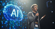 © Gorodenkoff - AI Startup Founder Talking About Innovations in the World of Artificial Intelligence and Large Language Models. Young Caucasian Man Talking About Future Technology Insights on Stage at a Global Event