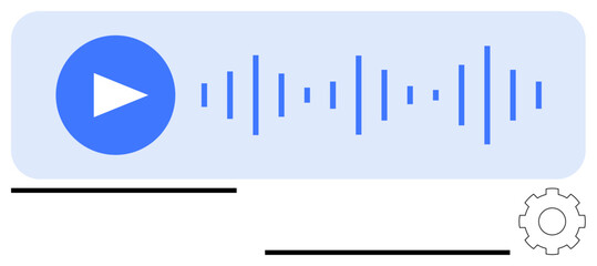 Blue play button, audio waveform, and settings gear representing media playback, sound control, and customization. Ideal for technology, music, streaming, interface sound user control flat simple