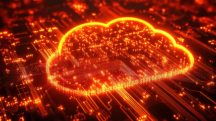 Wall Mural - cloud computing network visualized with bright cloud symbol on advanced circuit board layout
